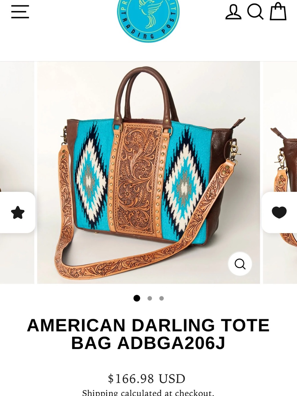 American Darling Lined Brown/Turquoise Western Tooled Leather Weekender Tote